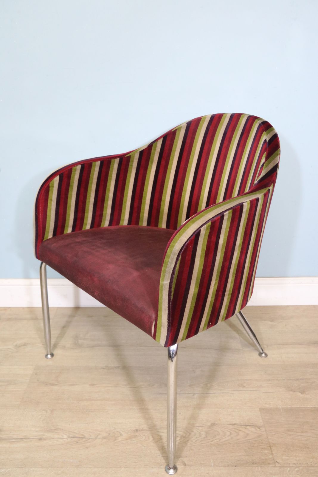 A Lovely Set Of 4 Vintage Striped Upholstery And Chrome Framed Bow Back Tub Chairs photo vinterior