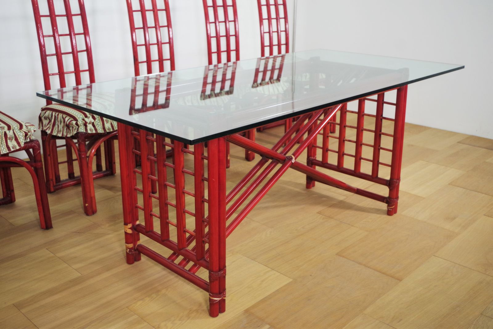 Red Bamboo Table And Chairs Set By Arturo Pozzoli, 80s photo vintage