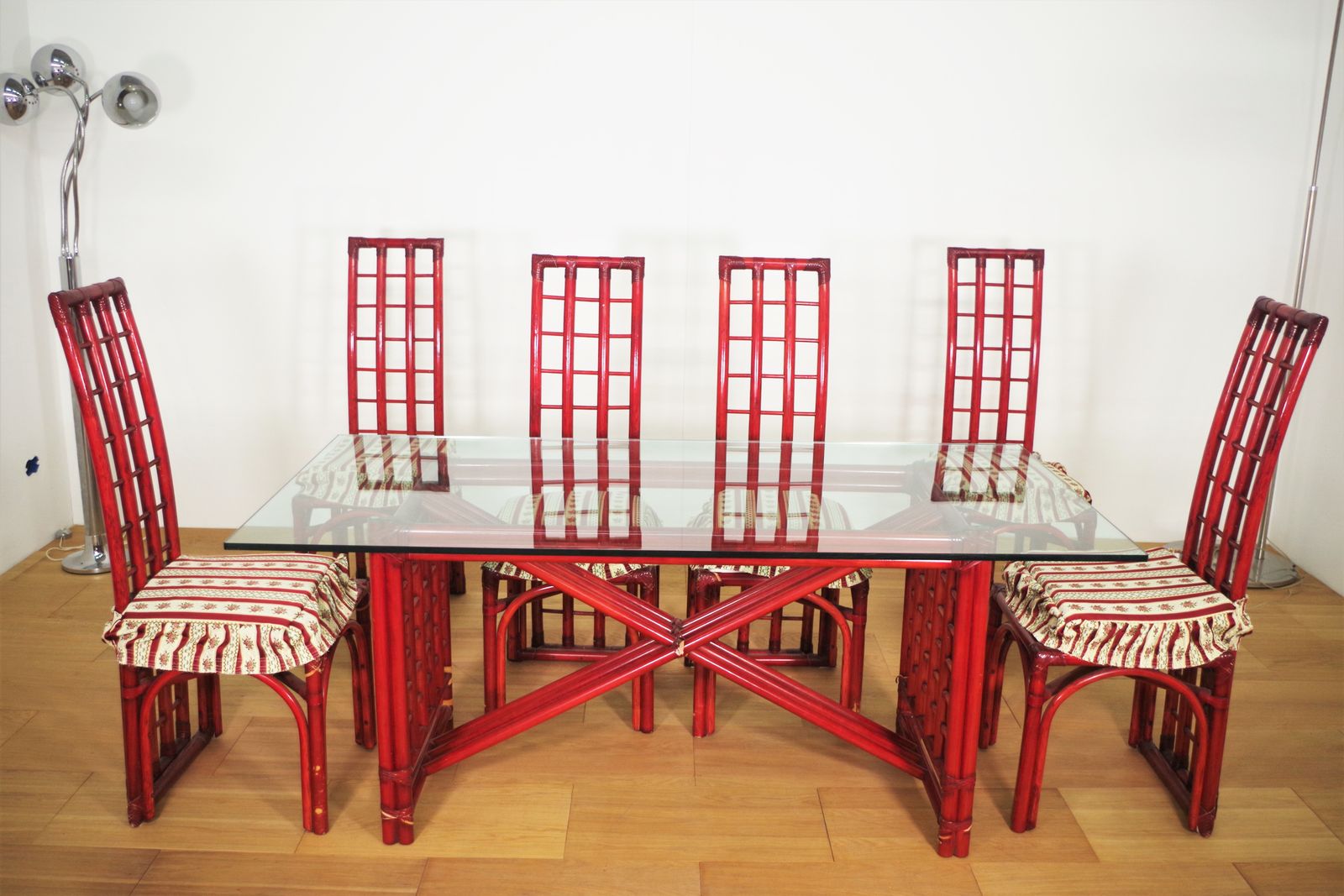 Red Bamboo Table And Chairs Set By Arturo Pozzoli, 80s photo furniture