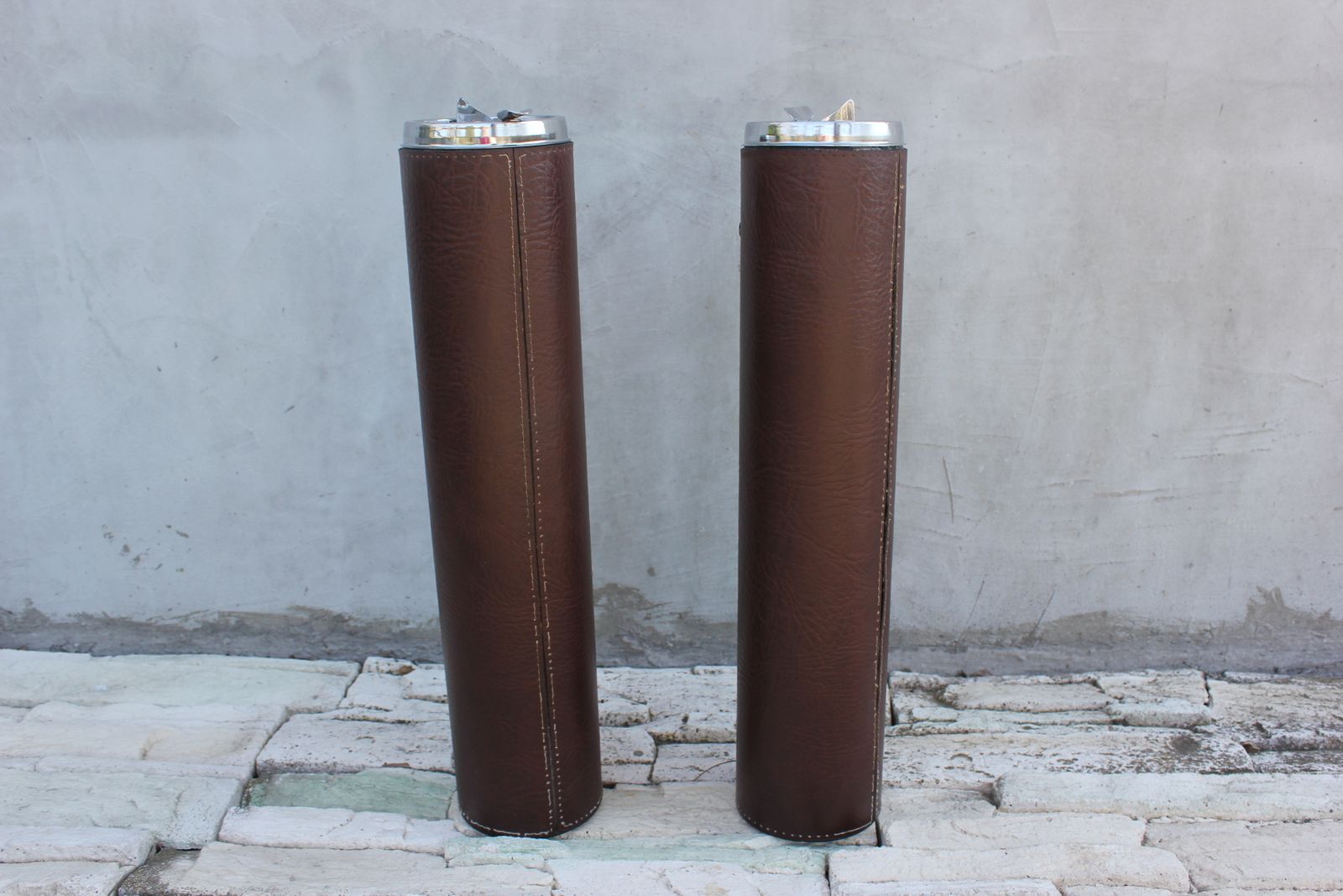 Set Of Floor Ashtrays Brown Leather And Brass Mid Century Standing Portable Pair photo furniture