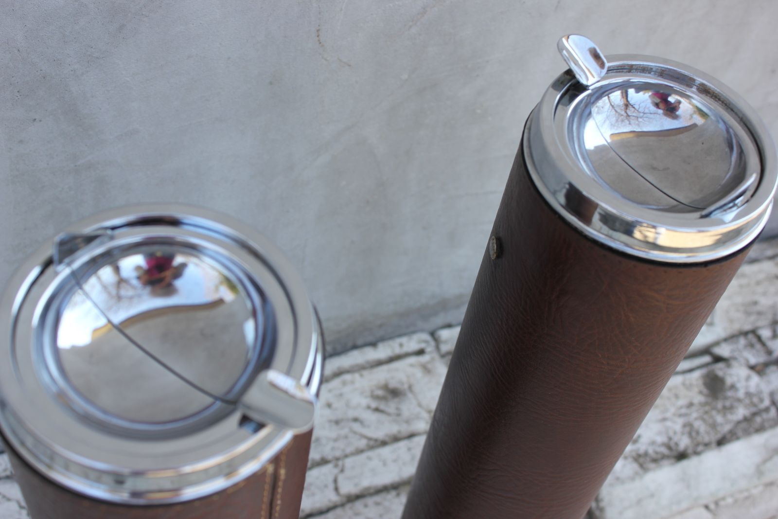Set Of Floor Ashtrays Brown Leather And Brass Mid Century Standing Portable Pair photo 799.0