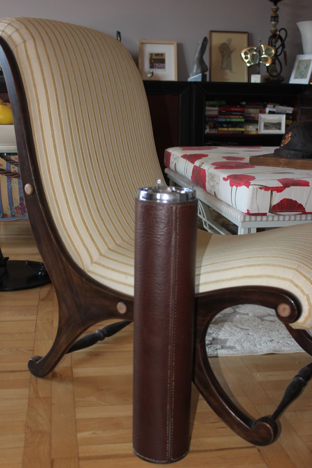 photo for sale Set Of Floor Ashtrays Brown Leather And Brass Mid Century Standing Portable Pair