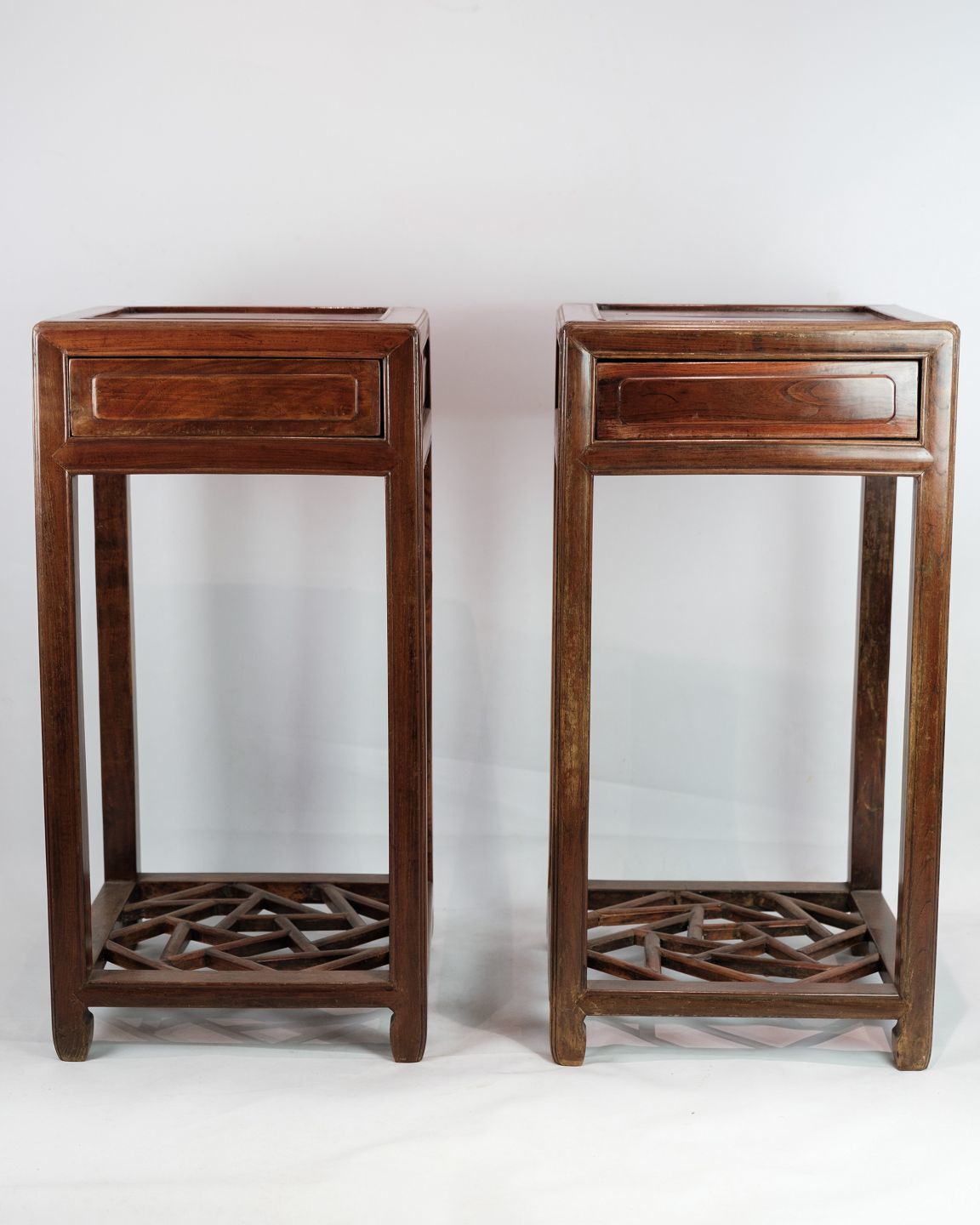 A Set Of Chinese Side Tables With Drawer In Polished Dark Wood From The 1880s.