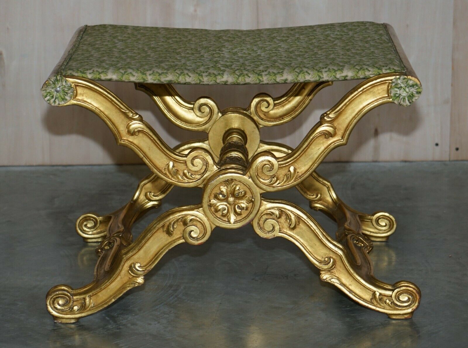 Stunning Antique 19th Century Hand Carved Giltwood Pliant X Frame Folding Stool photo furniture