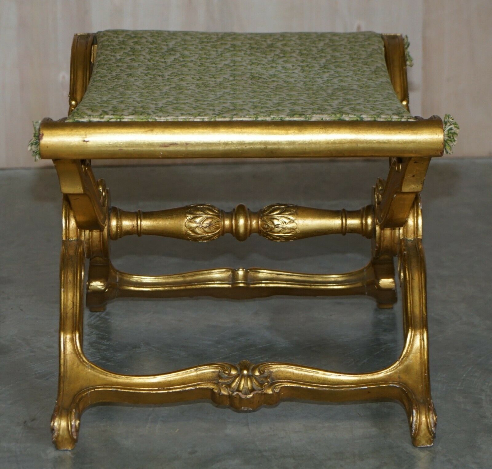 Stunning Antique 19th Century Hand Carved Giltwood Pliant X Frame Folding Stool photo vintage