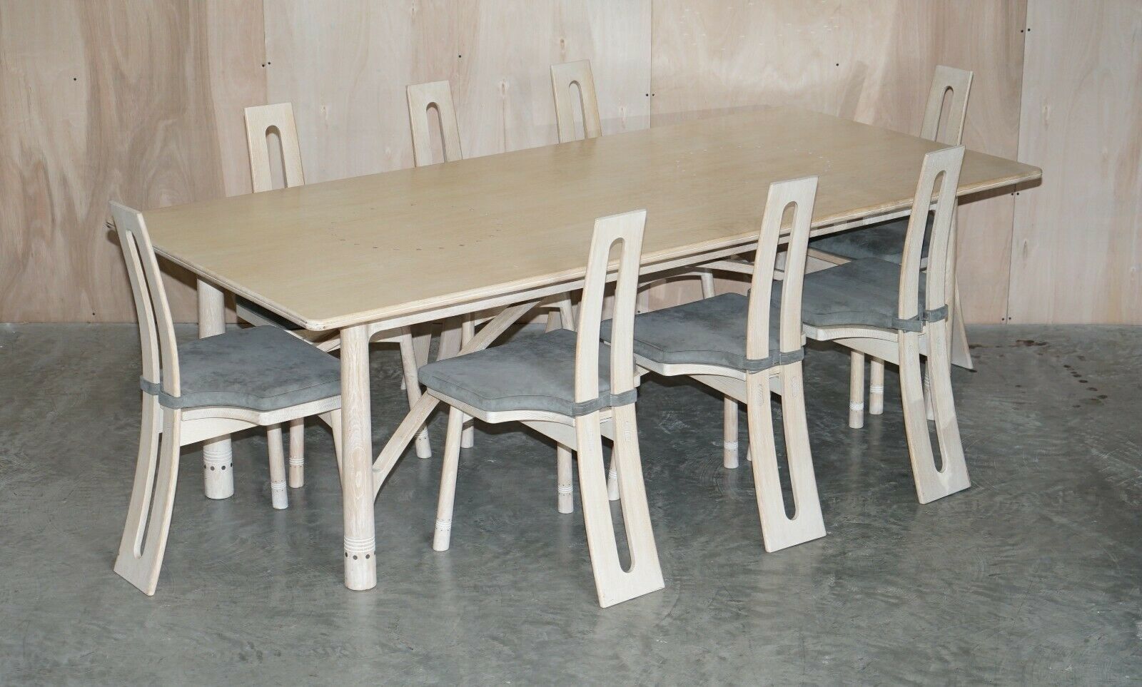 Limed Oak & Pewter Inlaid David Gregson Arts & Crafts Dining Table & 8 Chairs