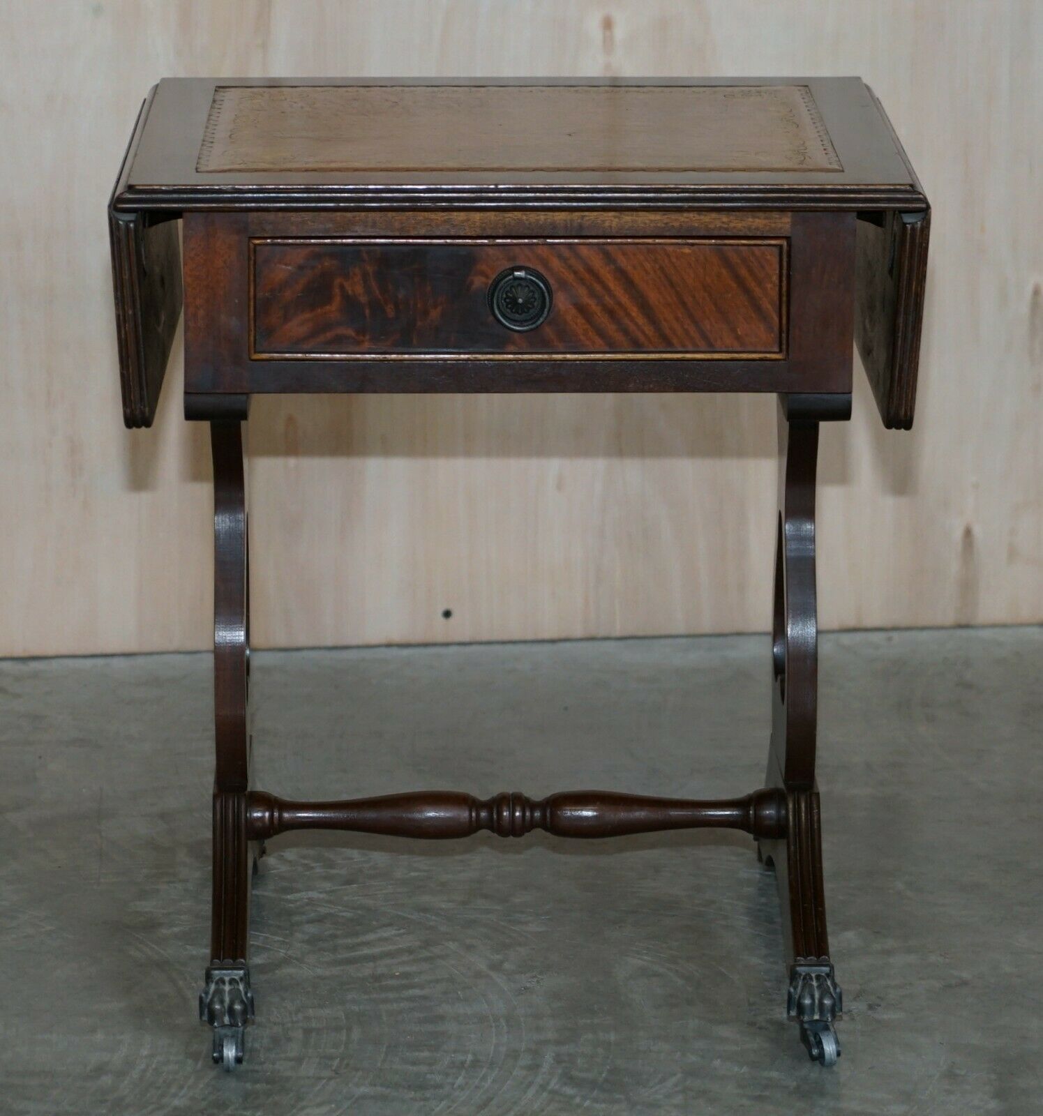 Vintage Brown Leather Gold Leaf Side End Table Extending Top Great Games Table photo for sale