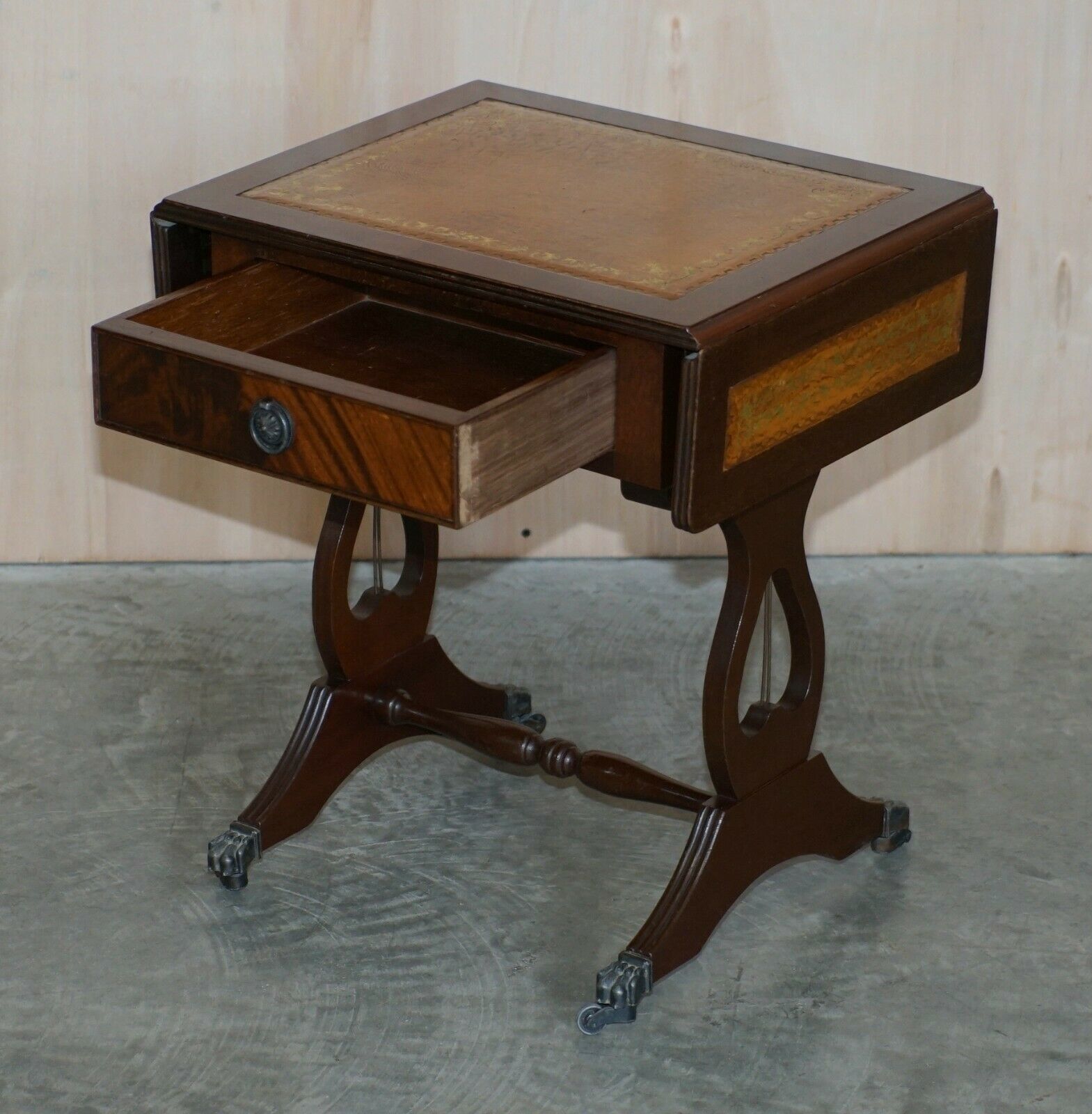 photo for sale Vintage Brown Leather Gold Leaf Side End Table Extending Top Great Games Table
