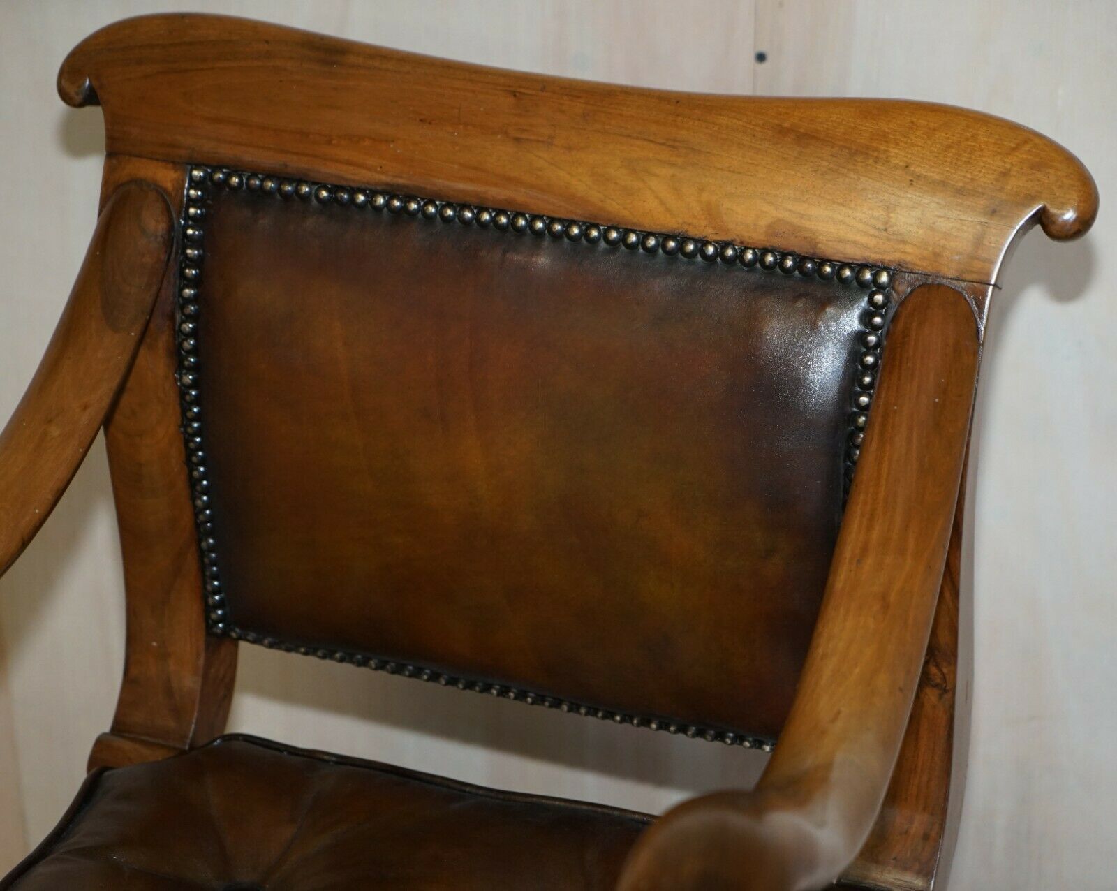 Antique Dolphin Arm Venetian Grotto Swivel Brown Leather Chesterfield Armchair photo for sale
