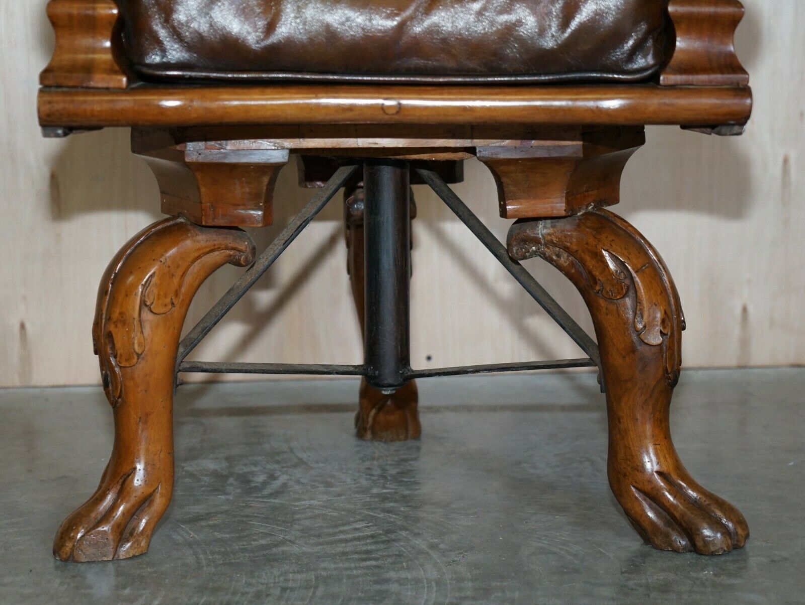 Antique Dolphin Arm Venetian Grotto Swivel Brown Leather Chesterfield Armchair photo vintage