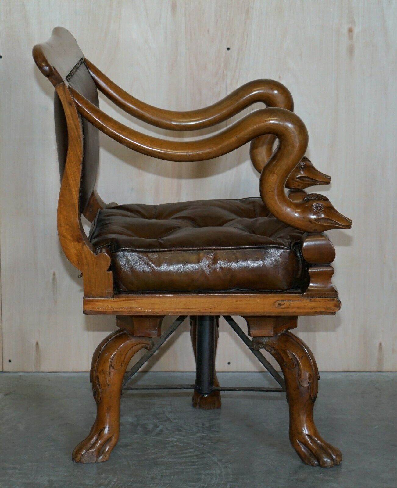 4950.0 Antique Dolphin Arm Venetian Grotto Swivel Brown Leather Chesterfield Armchair photo