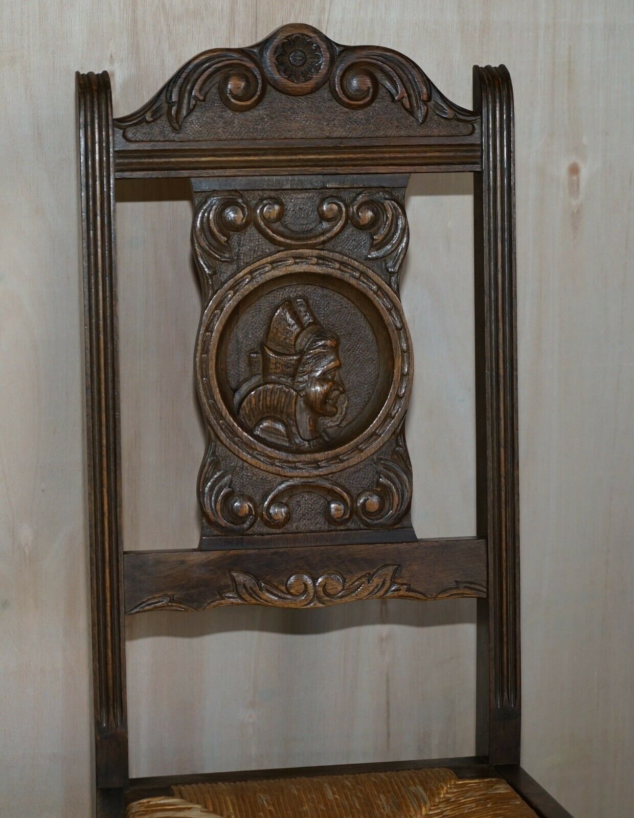 950.0 Stunning Pair Of Antique Circa 1920 Rush Seat Hand Carved Oak Brittany Chairs photo