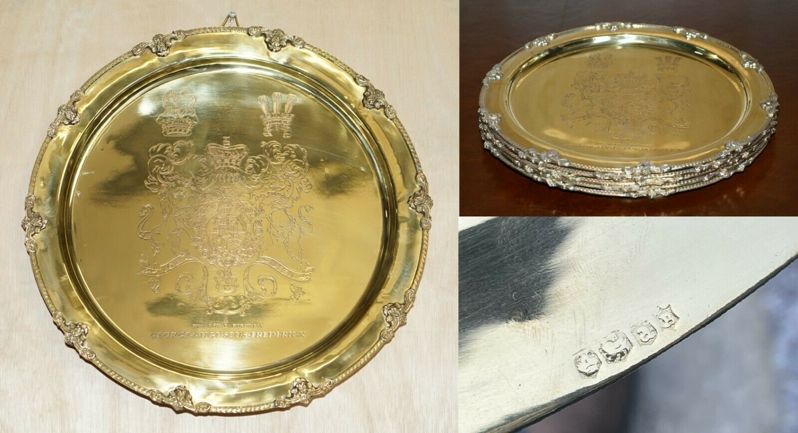 1 Of 4 King George Auguseue Frederick Arms Gilt Sterling Silver Plated Trays