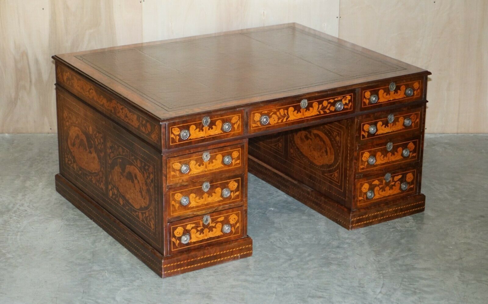 Antique Restored Dutch Marquetry Inlaid Double Sided Twin Pedestal Partners Desk