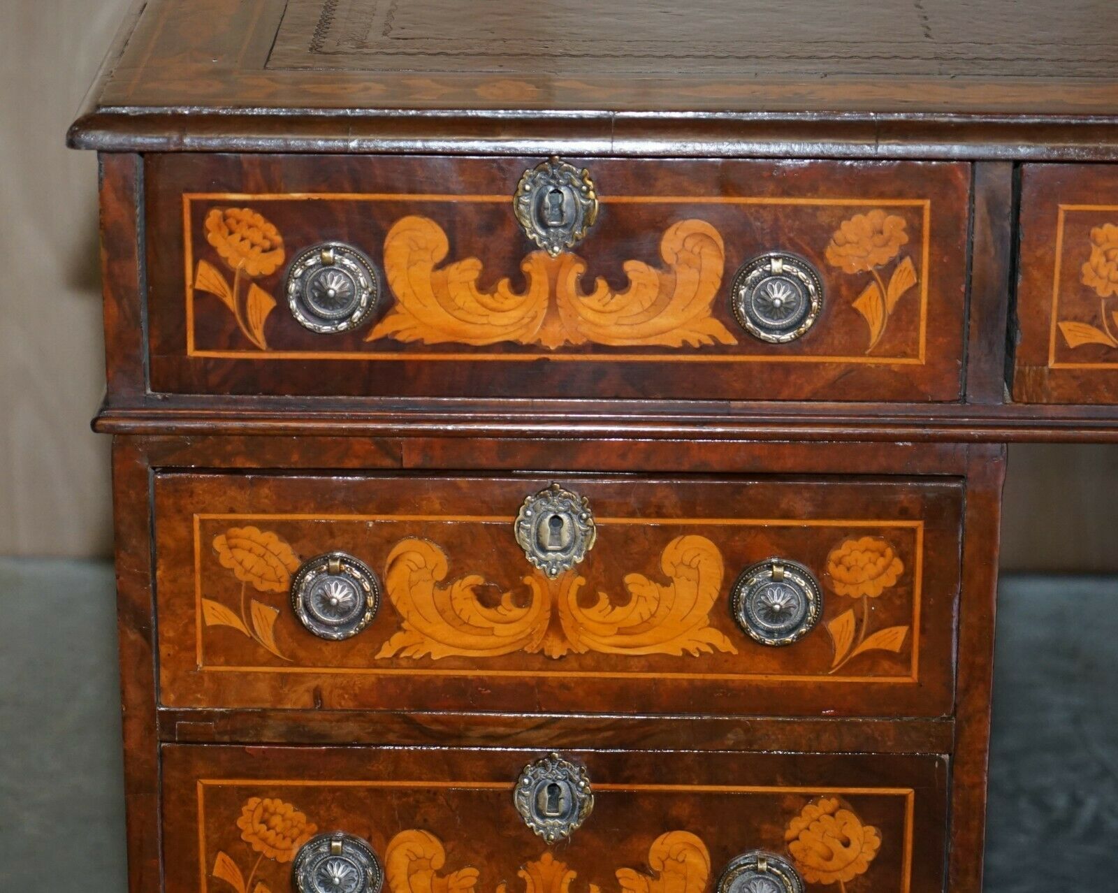 Antique Restored Dutch Marquetry Inlaid Double Sided Twin Pedestal Partners Desk photo Furniture