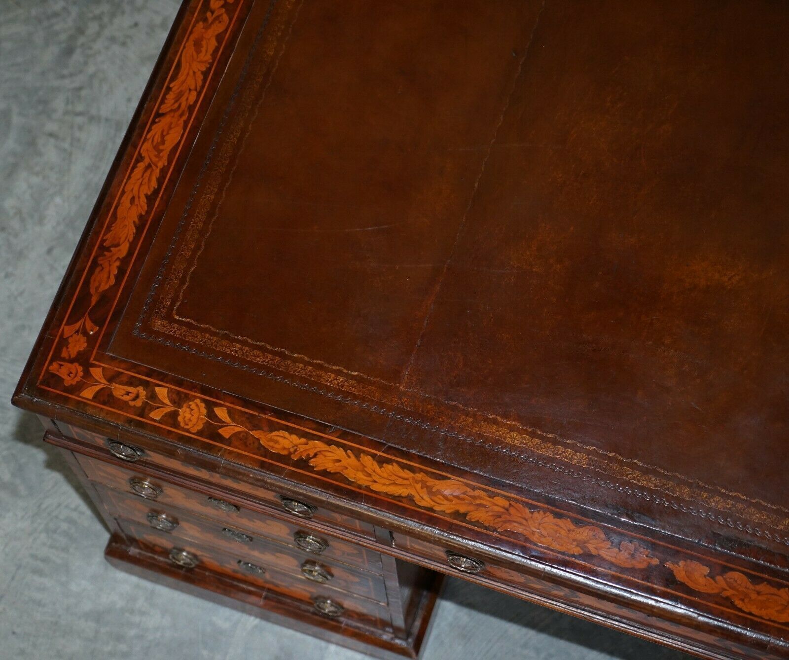 Antique Restored Dutch Marquetry Inlaid Double Sided Twin Pedestal Partners Desk photo buy