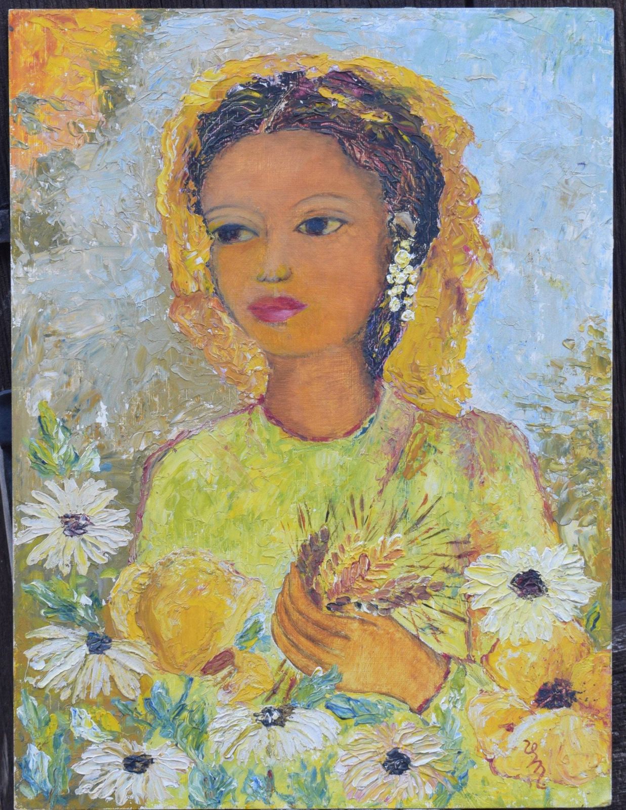 photo for sale Yellow Oil Painting Woman Portrait Flowers