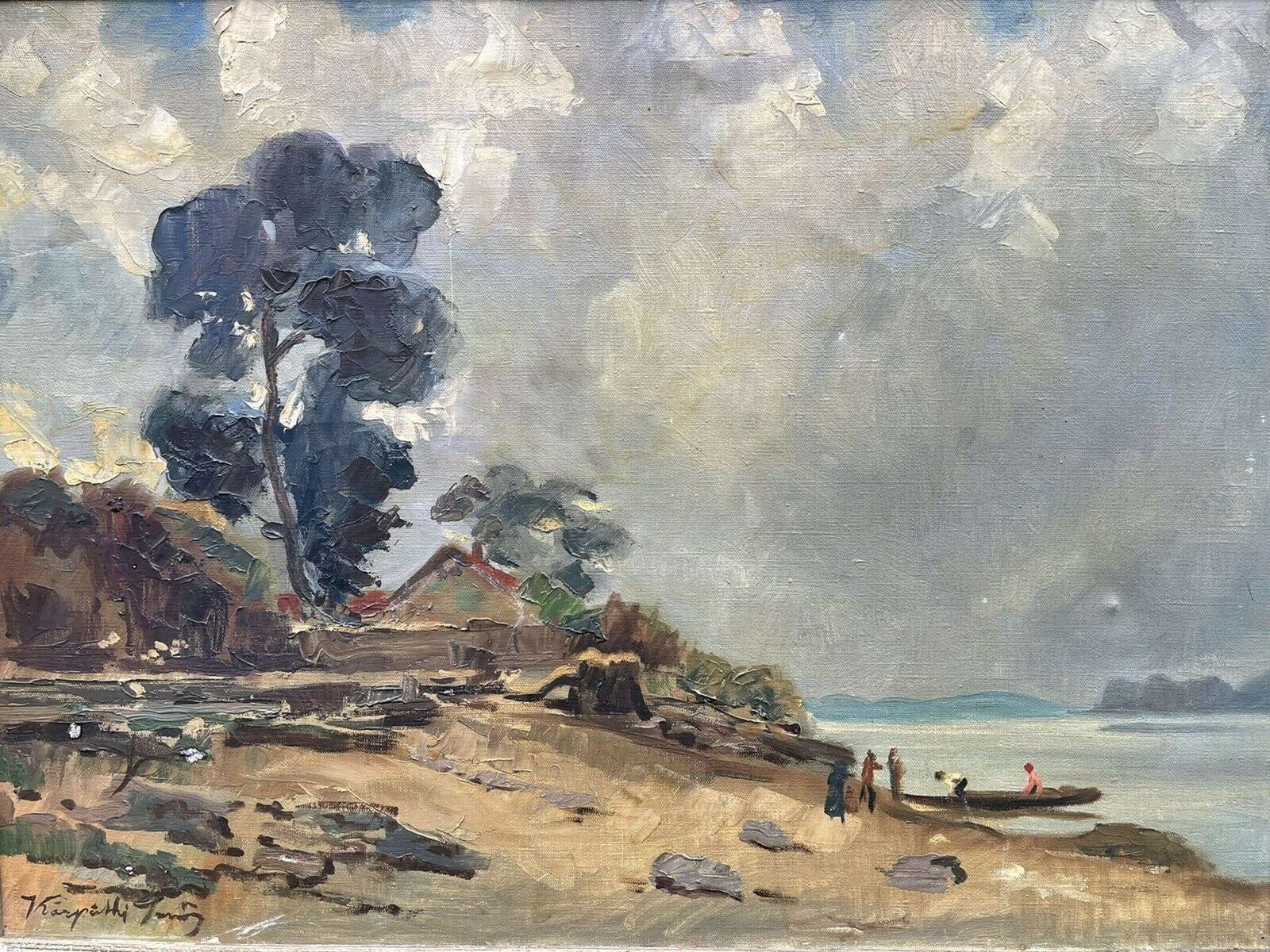 Impressionist Oil On Canvas Beach Scene Jeno Karpathy