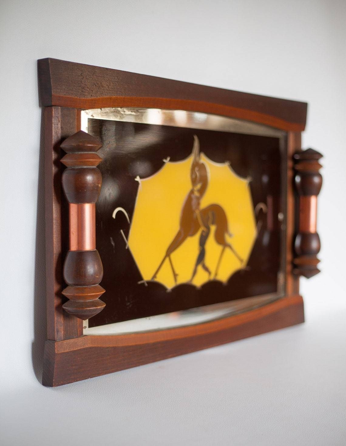 Art Deco Wood Tray, Art Deco Tray, Service Tray, Doe Pattern Mirror, Decorative Tray, Servant, Kitchen, Decoration, Wooden Tray photo for sale