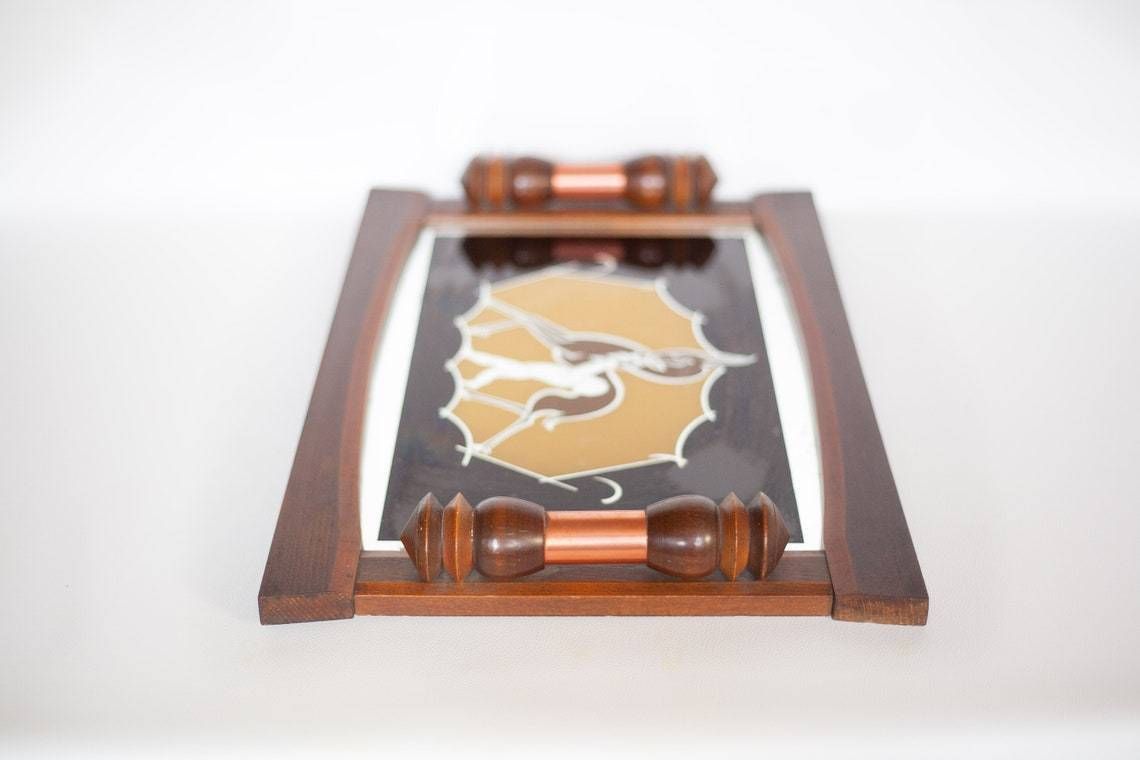 Art Deco Wood Tray, Art Deco Tray, Service Tray, Doe Pattern Mirror, Decorative Tray, Servant, Kitchen, Decoration, Wooden Tray photo vintage