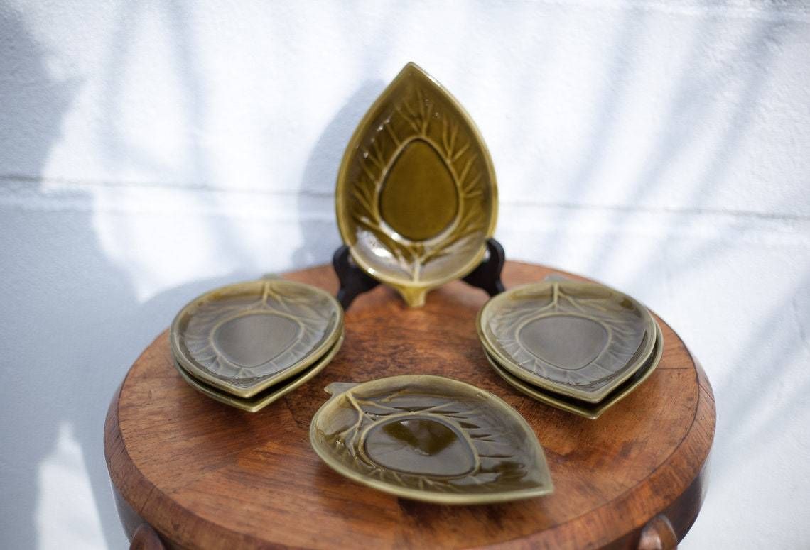Service Ceramic Dish Secla Portugal X 6 , Dish Of Retro Olive Ceramic Leaves, Presentation Starter Dish, Tableware, Sheet Dish photo Home Decor