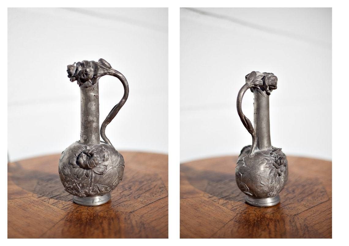 Antique Tin Vase, Pure Tinplate Paris, Soliflore Tin Vase Pattern Flowers In Relief, Tinplate Art, Collection, Art Nouveau, Pewter Vase