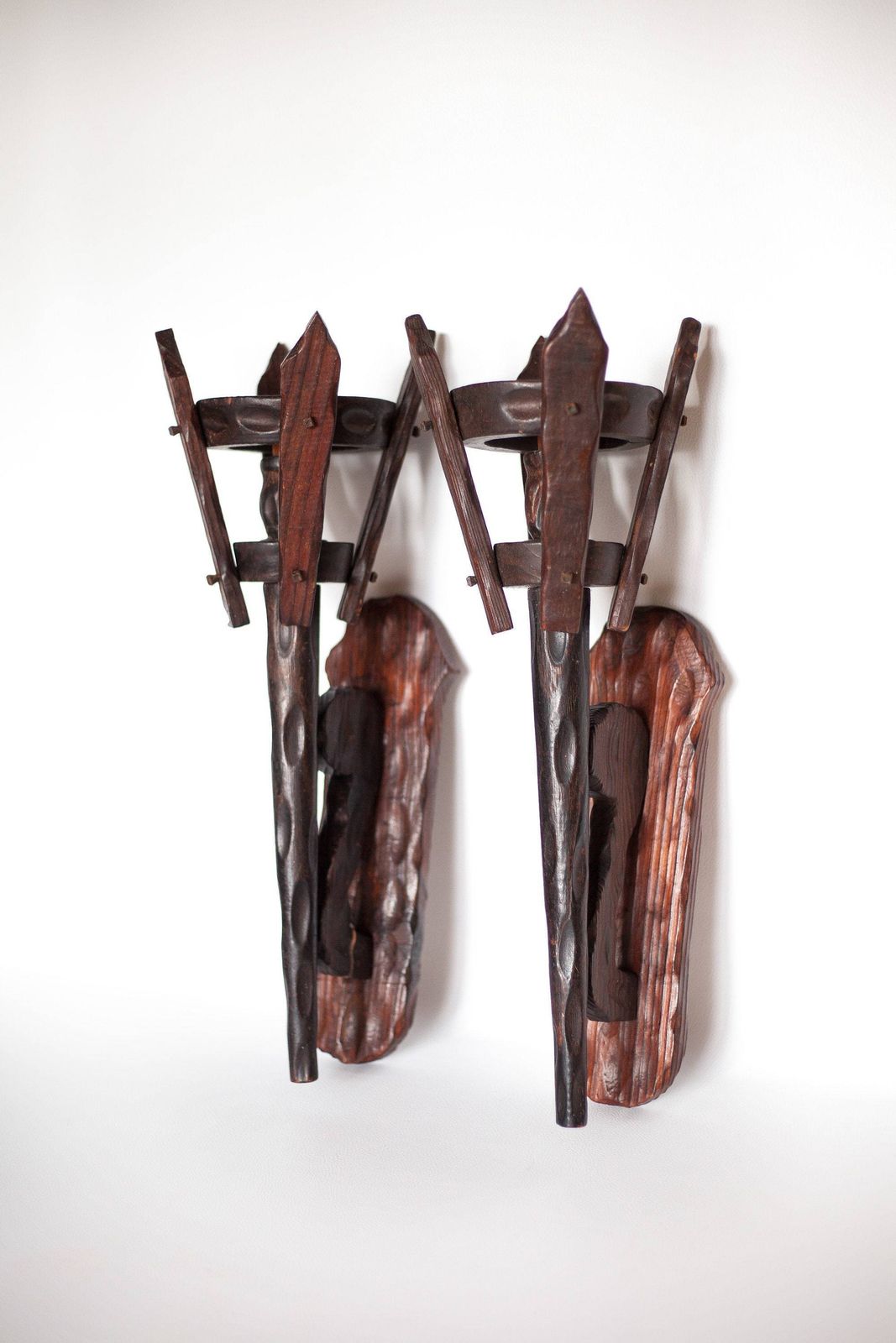 Pair Of Brutalist Wood Wall Candle Holders, Interior Design, Chalet, Countryside photo furniture