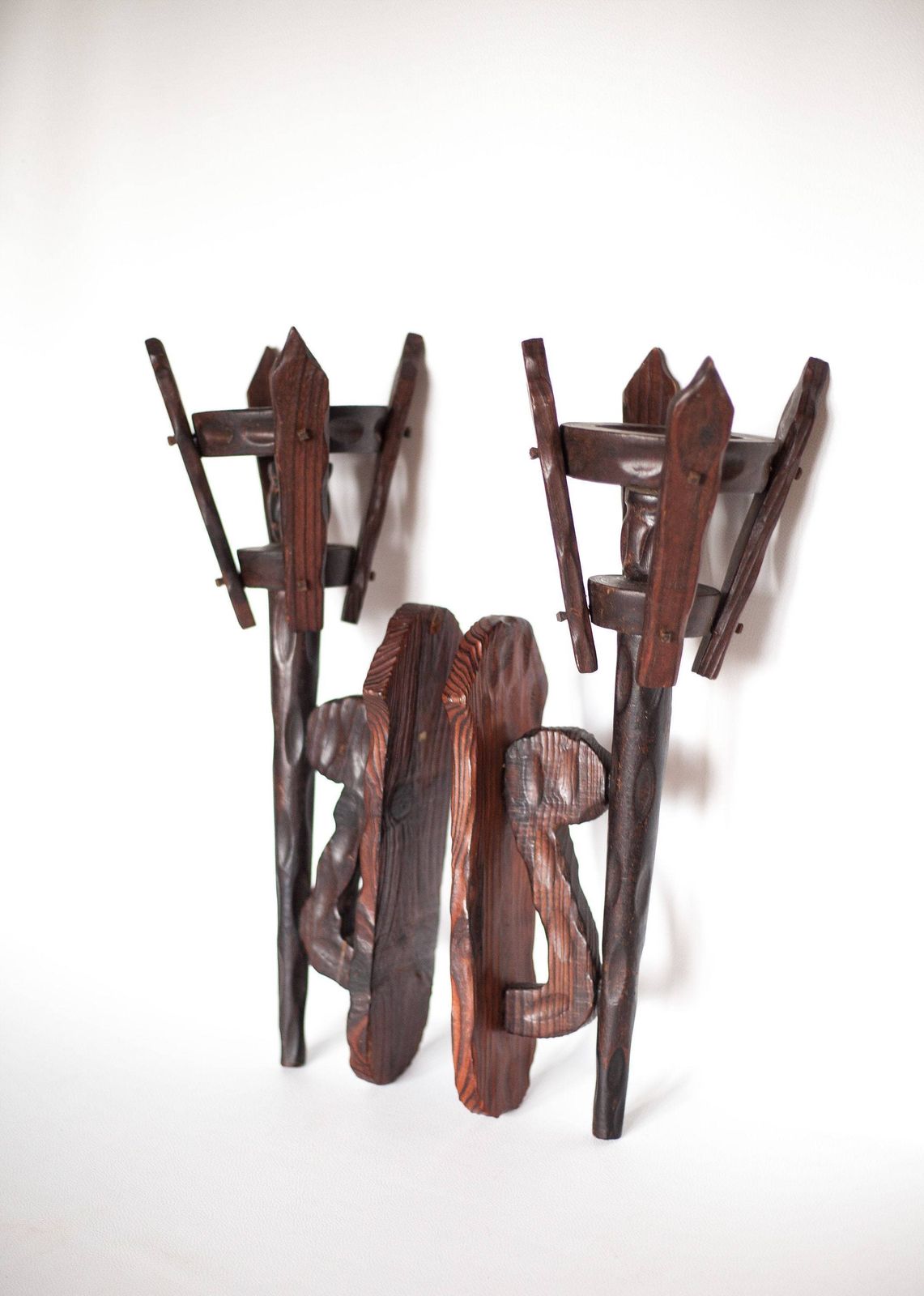Pair Of Brutalist Wood Wall Candle Holders, Interior Design, Chalet, Countryside photo vintage