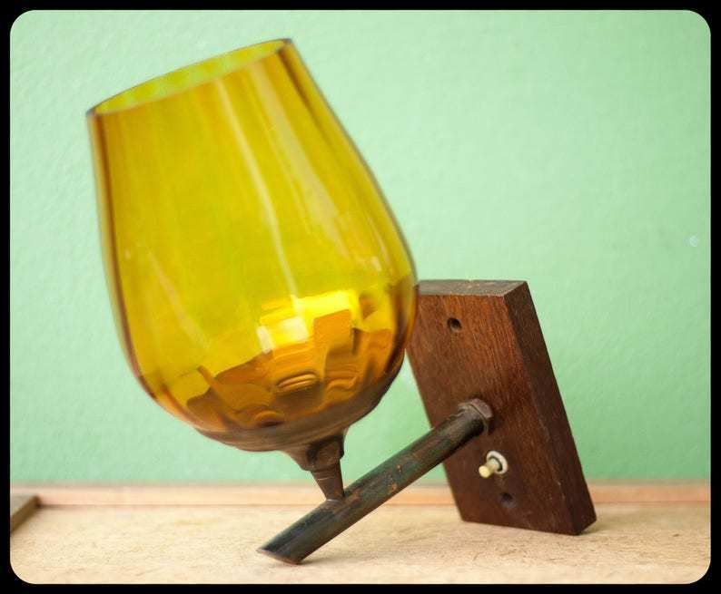 Vintage Applique Wall Lampshade Glass Blind Amber Lamp Wall Wood photo furniture