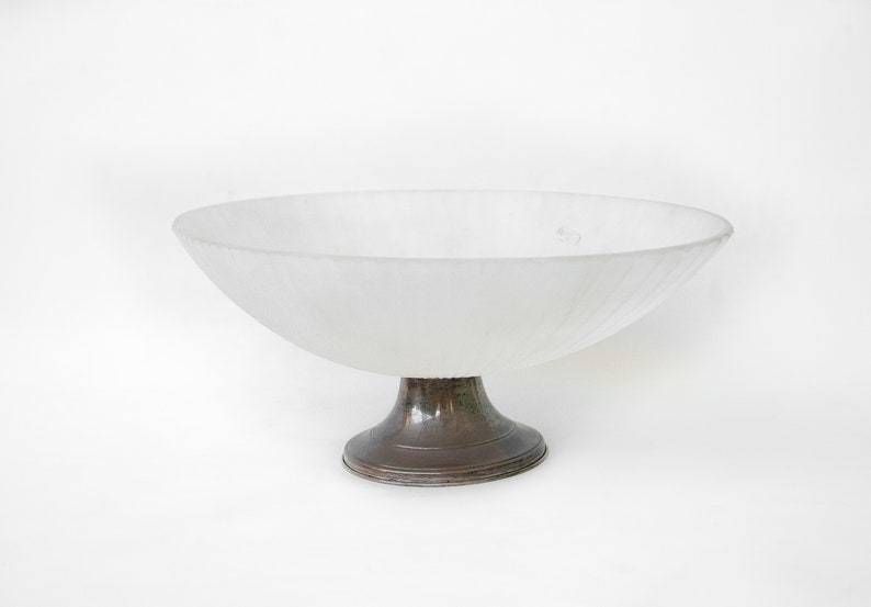 Vintage Cut Fruit Bowl  Ribbed Frosted Glass Table Art Deco Made In Italy Punched Silver Foot photo furniture
