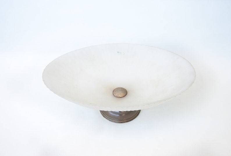 Vintage Cut Fruit Bowl  Ribbed Frosted Glass Table Art Deco Made In Italy Punched Silver Foot photo for sale