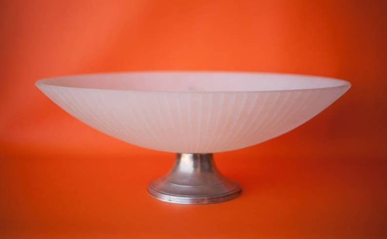 Vintage Cut Fruit Bowl  Ribbed Frosted Glass Table Art Deco Made In Italy Punched Silver Foot photo vinterior
