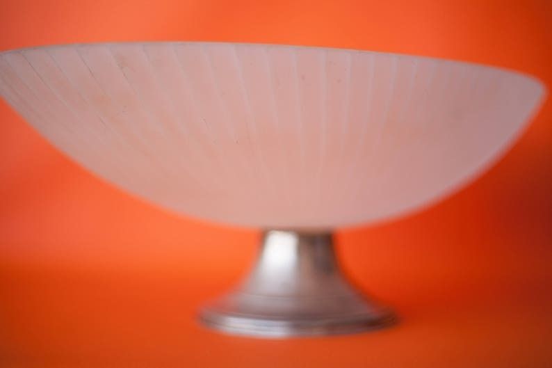 Vintage Cut Fruit Bowl  Ribbed Frosted Glass Table Art Deco Made In Italy Punched Silver Foot photo buy