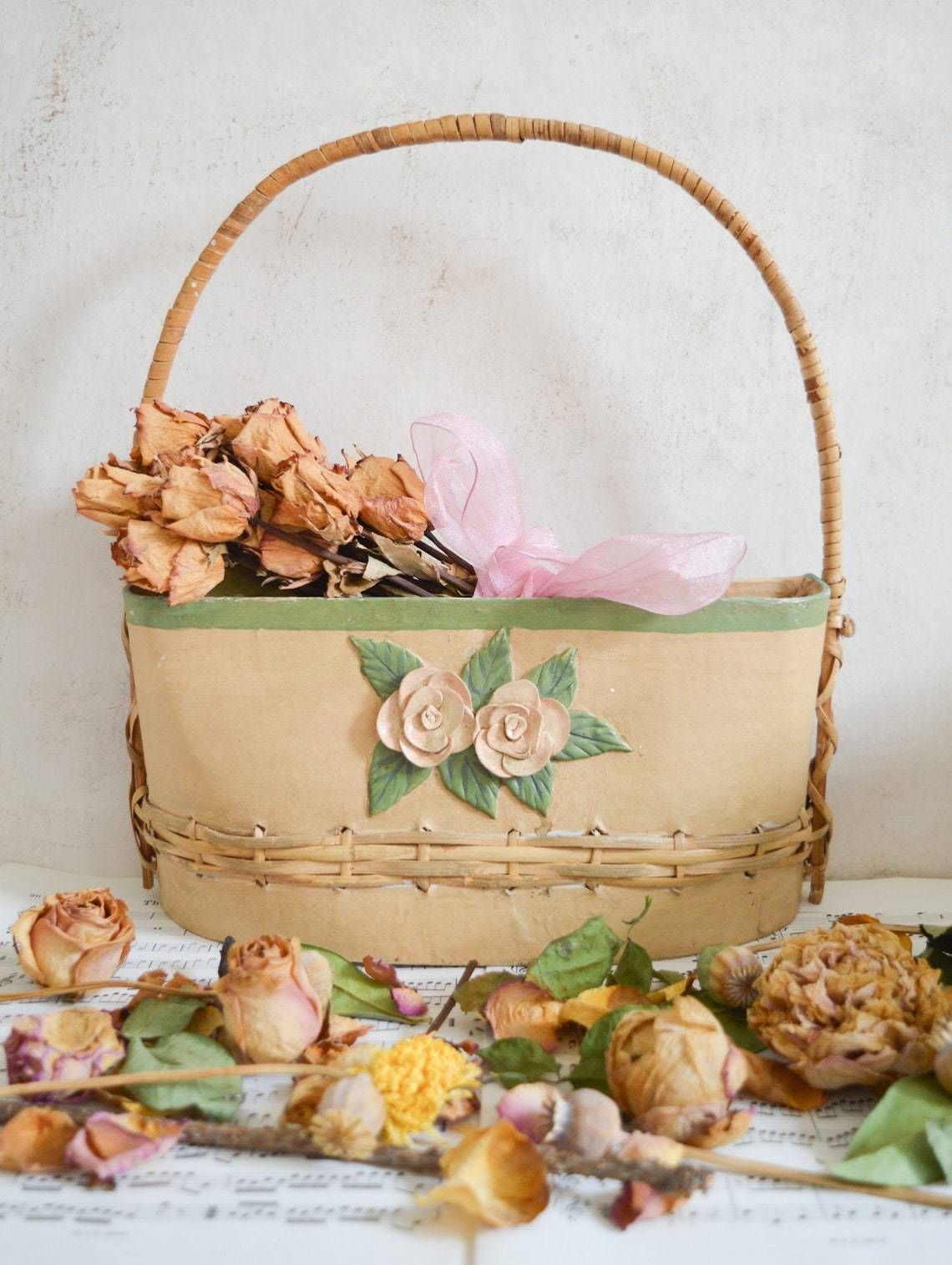 Antique French Shabby Chic Paper Mache Basket With Handle, Beautiful Hand Crafted Storage Letter Organizer With Wooden Roses And Leaves