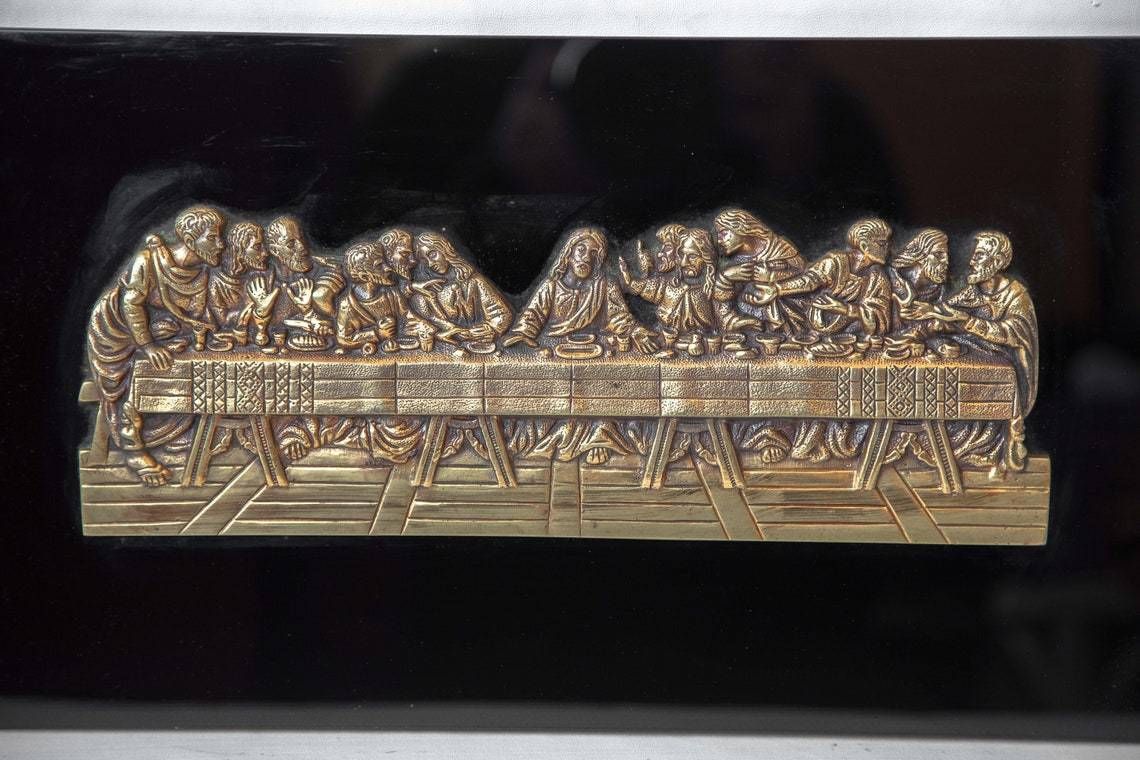 Vintage Religious The Last Supper Jesus And His 12 Apostles Bronze Religious Plaque photo for sale