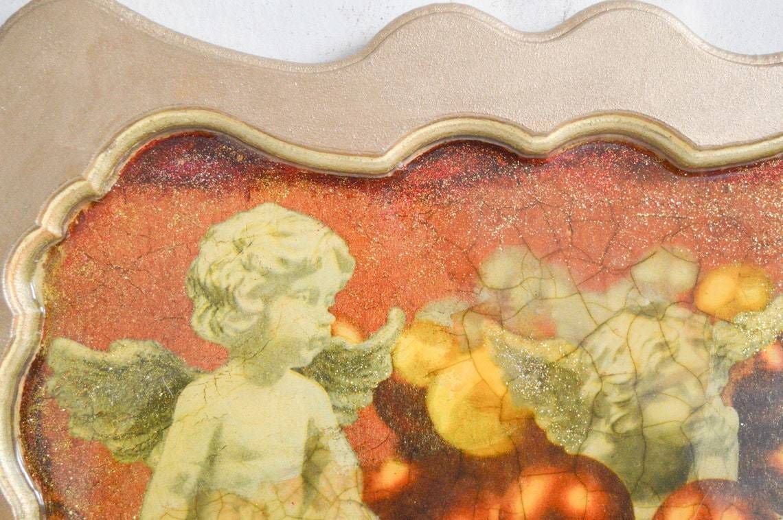 Vintage Wooden Tray With Resin Cherub Inlay Decorative Christmas Glitter Serving Tray photo furniture
