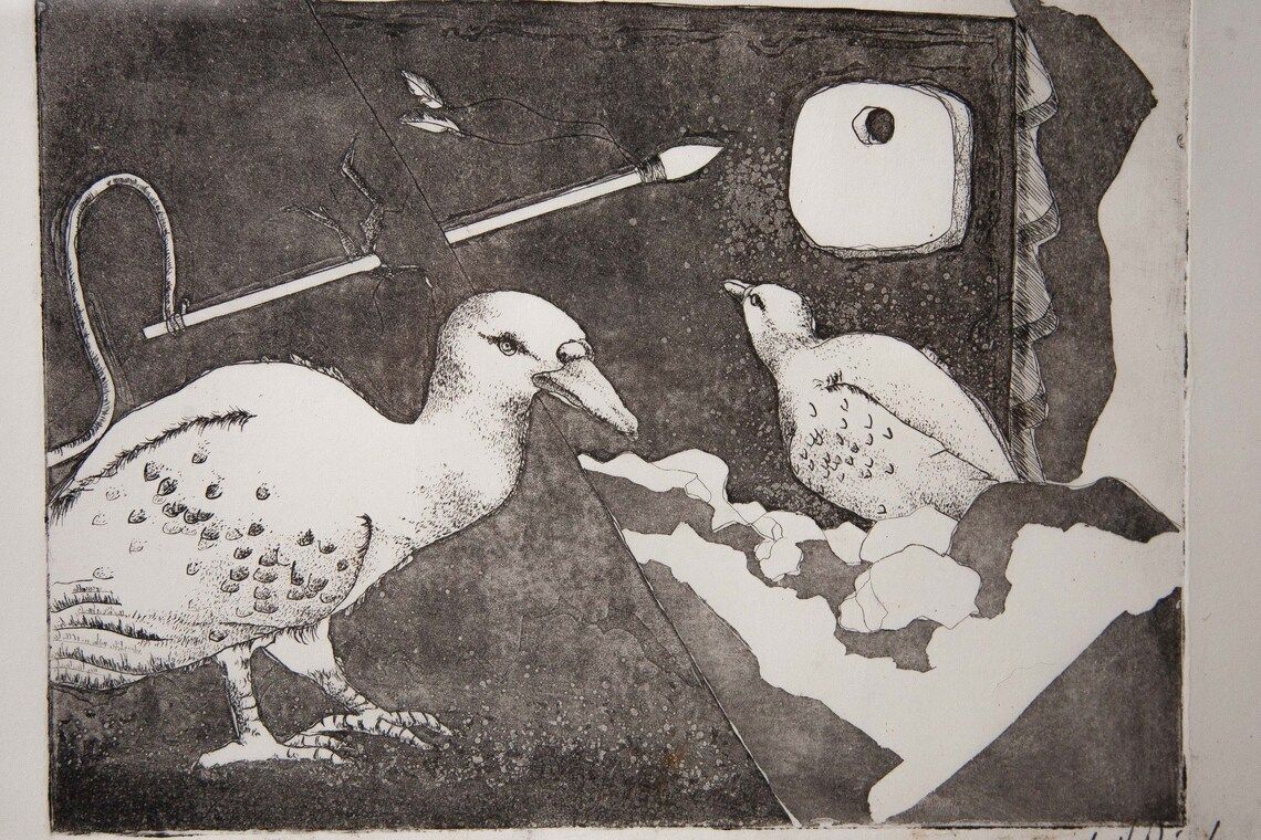 Vintage Painting Ink Drawing From China Signed Work  Cubism  Surrealism  Black And White  Wall Decoration  Birds  80s photo Art