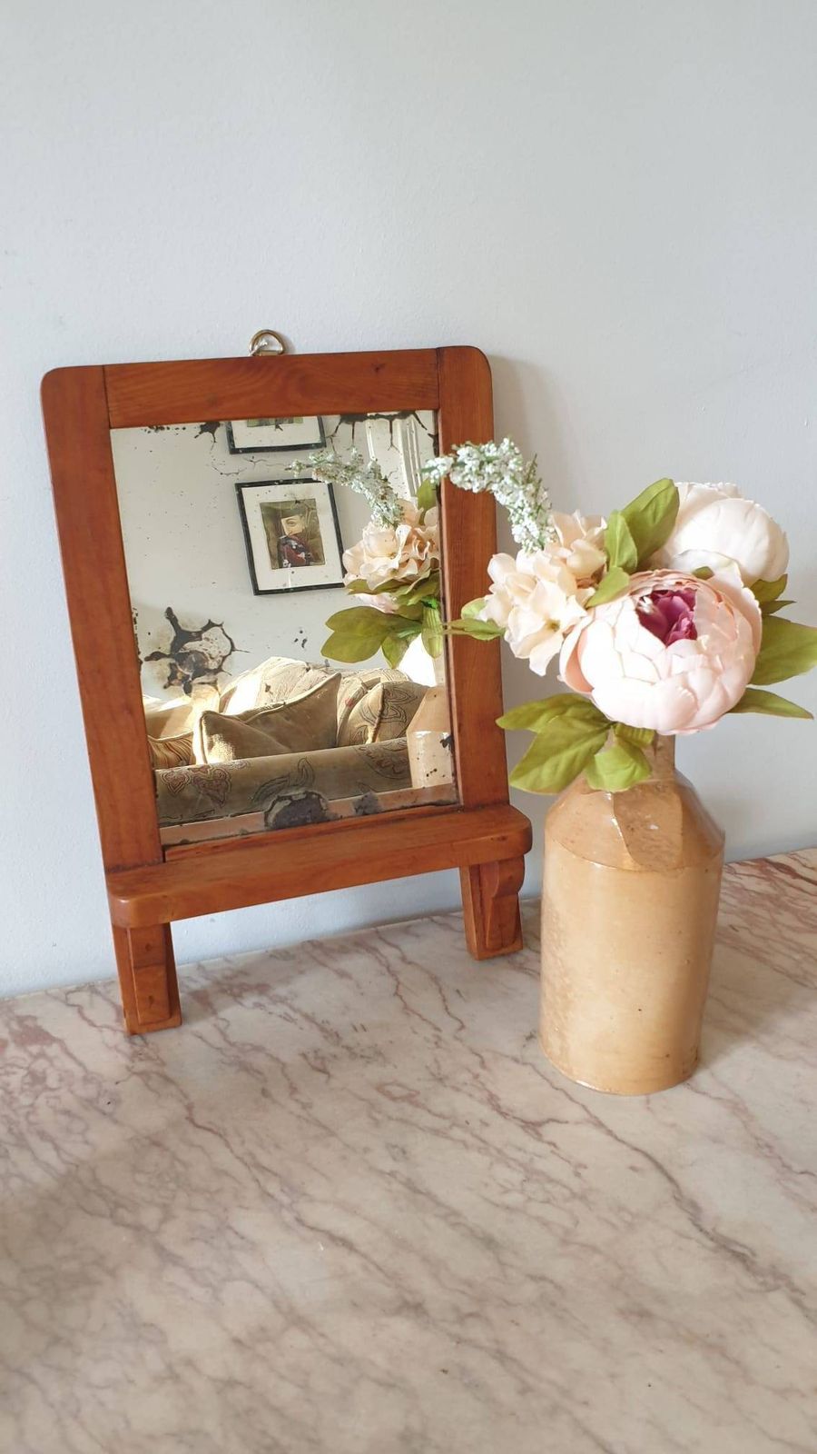 An Antique French Fruitwood Wall Mirror With Shelf C1900