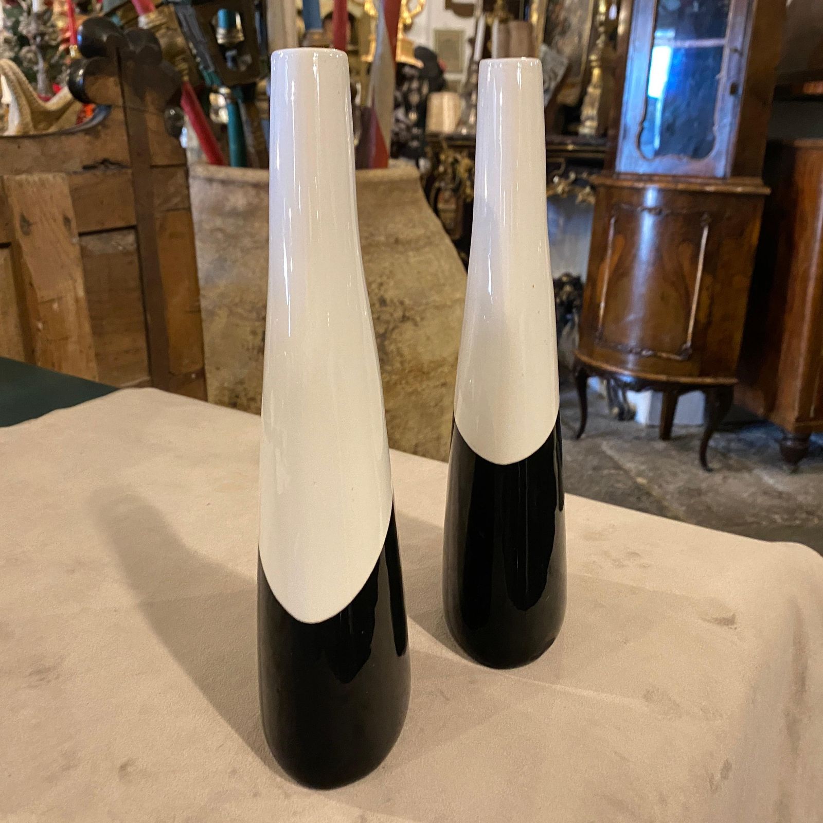 1960s Set Of Two Black And White Italian Ceramic Vases By La Donatella photo vintage