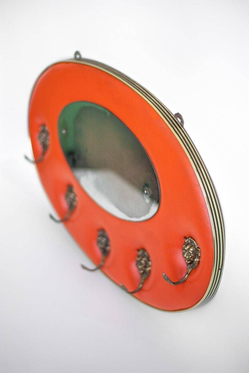Vintage Coat Rack Orange Skaï  Cloakroom Hooks,Lion  Oval Mirror Entrance  Wall photo for sale