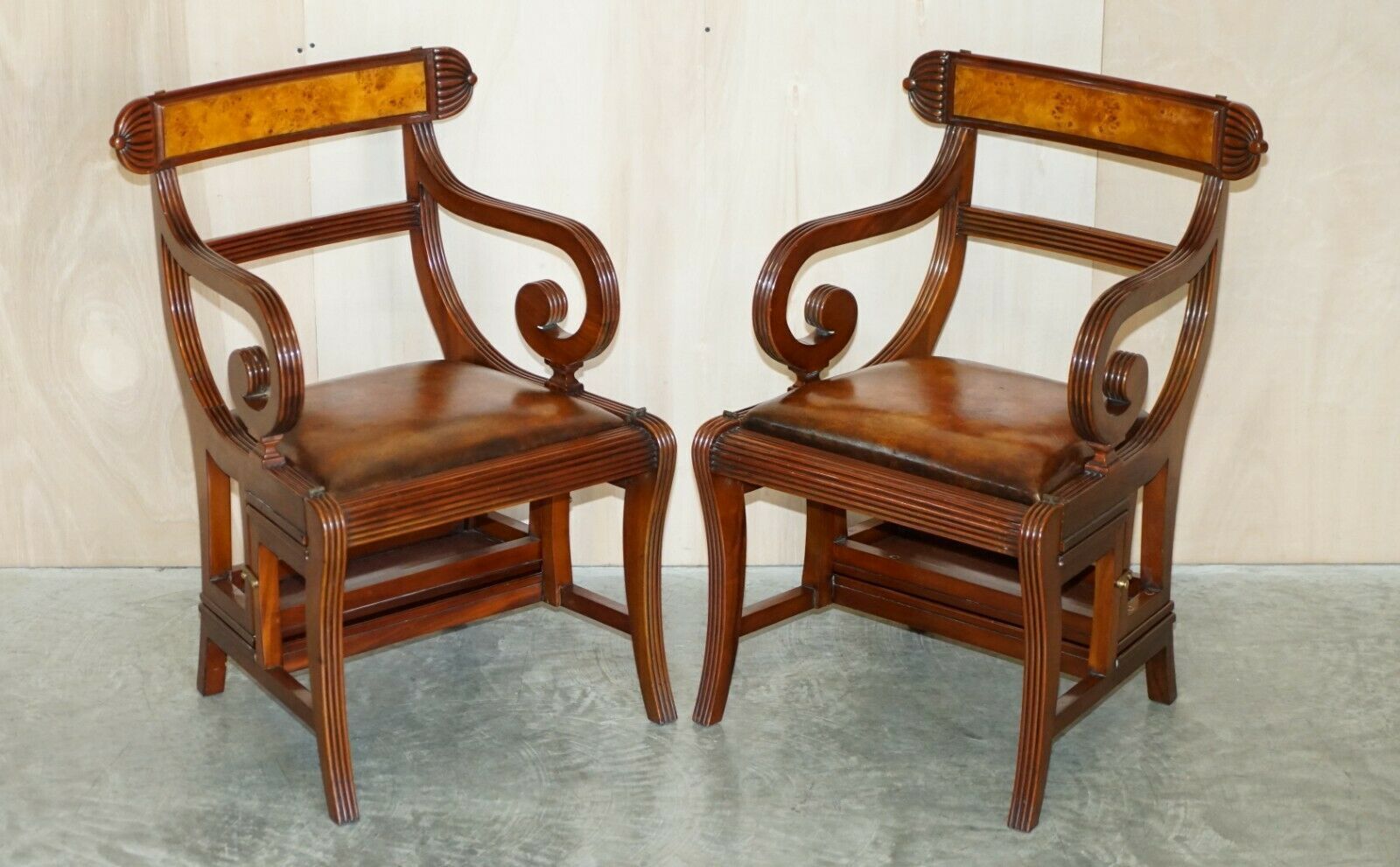 Burr Walnut Brown Leather Regency Metamorphic Reading Armchair To Library Steps photo furniture