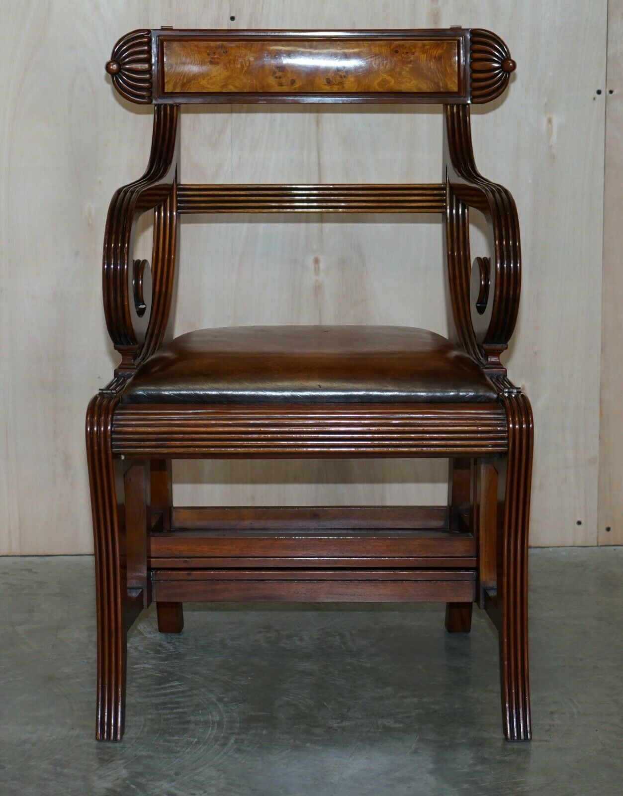 Burr Walnut Brown Leather Regency Metamorphic Reading Armchair To Library Steps photo Furniture