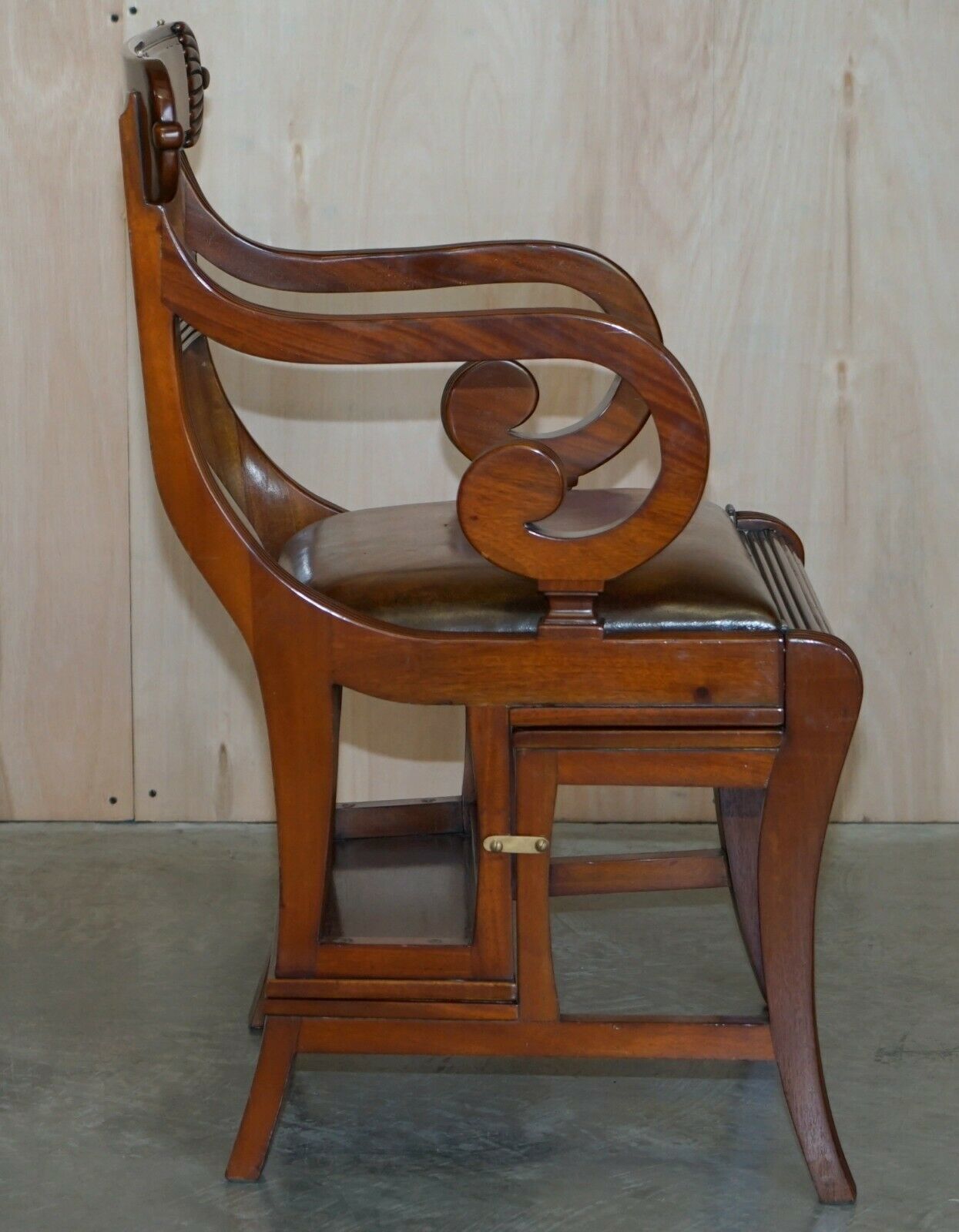 Burr Walnut Brown Leather Regency Metamorphic Reading Armchair To Library Steps photo vintage