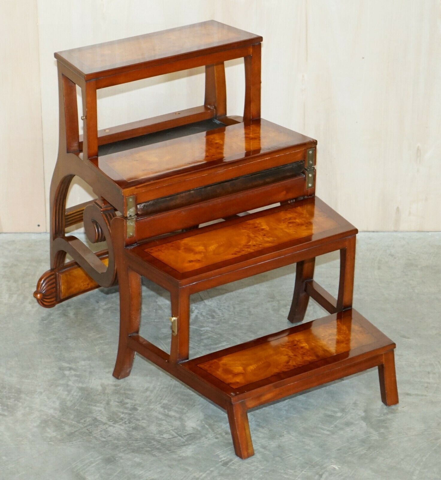 photo furniture Burr Walnut Brown Leather Regency Metamorphic Reading Armchair To Library Steps