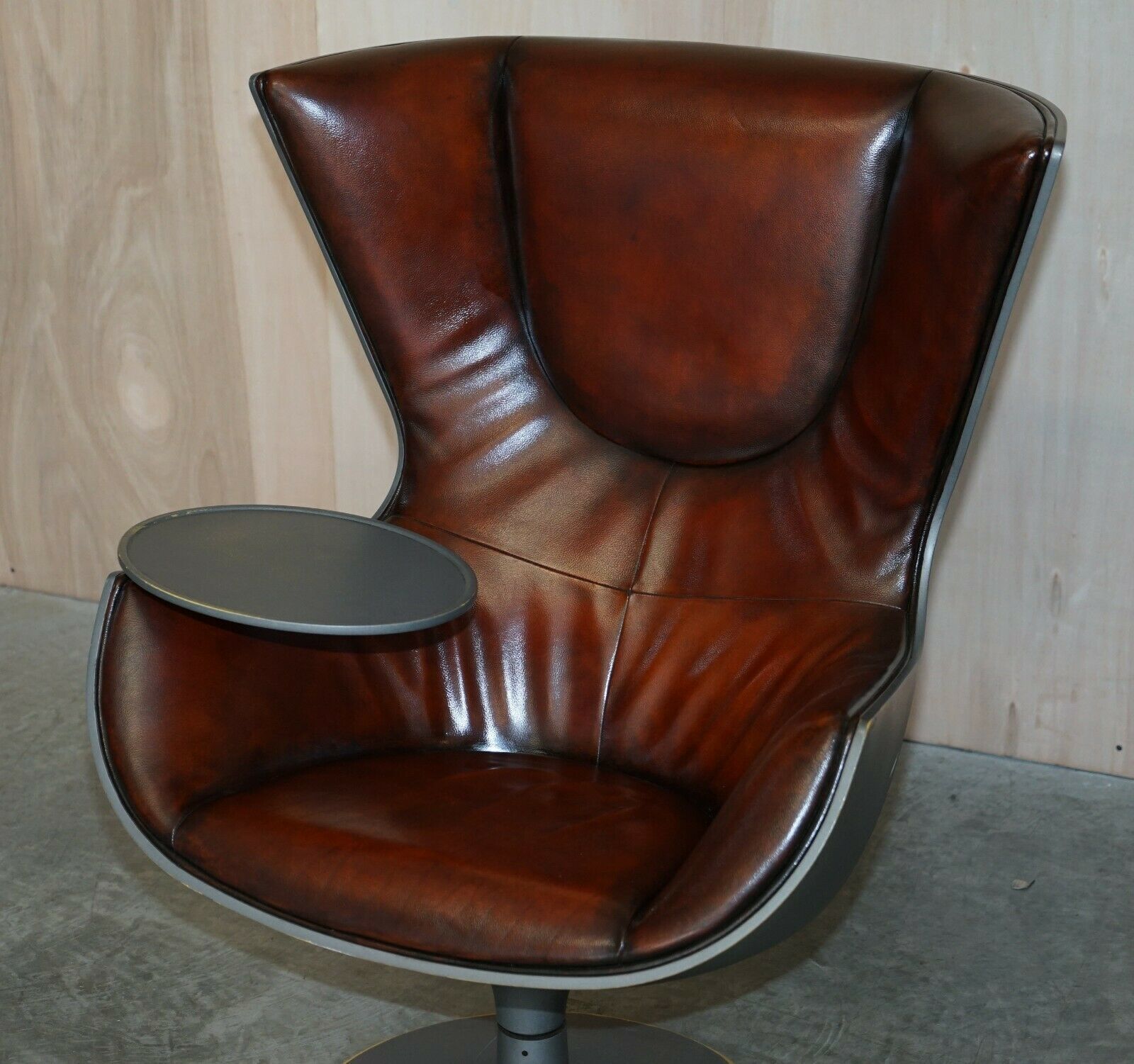 photo buy 1 Of A Kind Pair Of Brown Leather Philippe Starck Cassina Eurostar Egg Armchairs