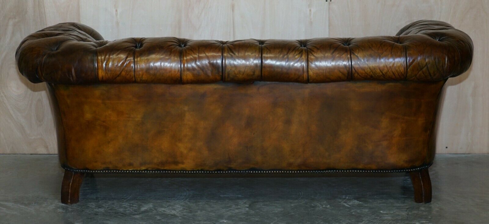 Furniture Antique Victorian Chesterfield Tufted Brown Leather Sofa Feather Filled Cushions photo