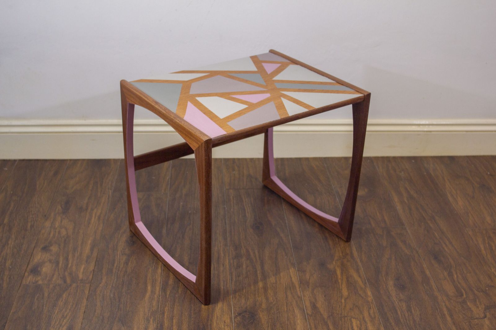 Midcentury Gplan Quadrille Nest Of Tables – Pink Geometric Handpainted Design (Small)