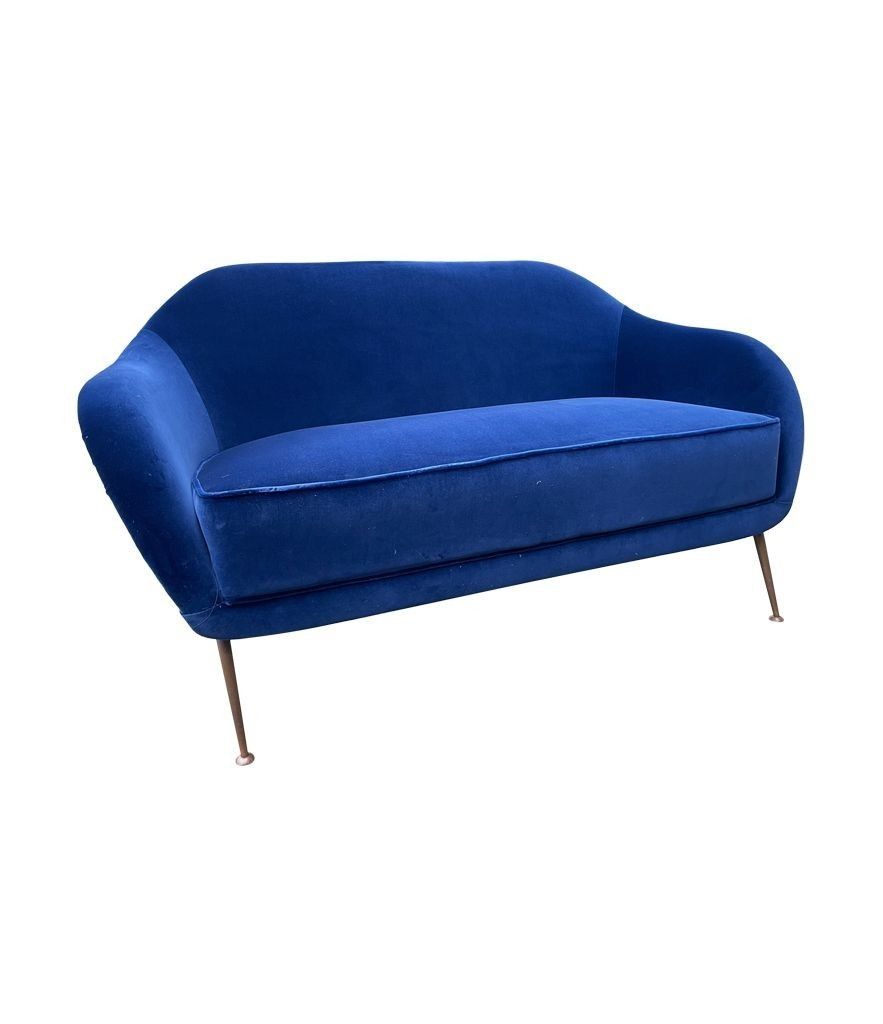 A1950s Italian Two Seater Sofa With Brass Legs Newly Upholstered In Blue Velvet photo Furniture
