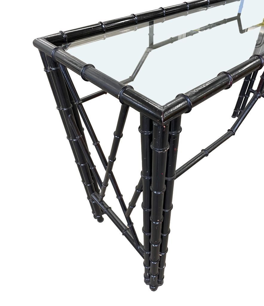 A 1960s Faux Bamboo Black Lacquered Console With Glass photo 2450.0