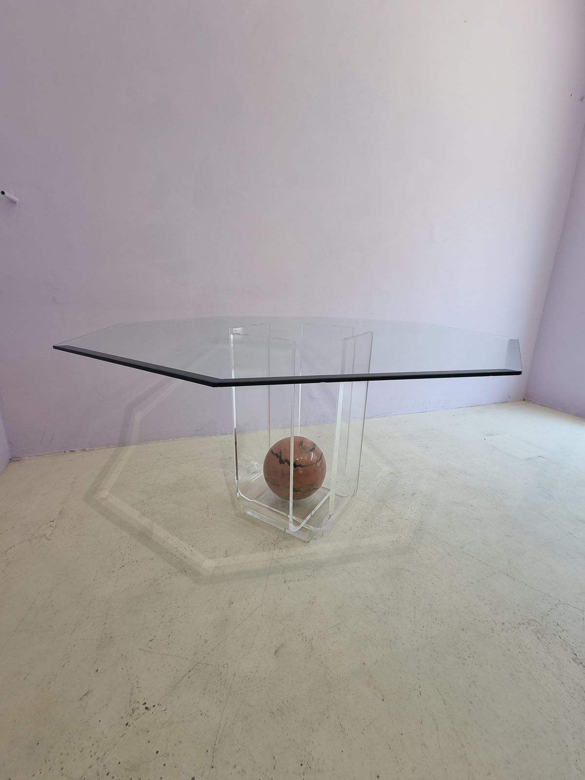 Unique Lucite Dining Table With Octagonal Glass Top And Pink Marble Sphere